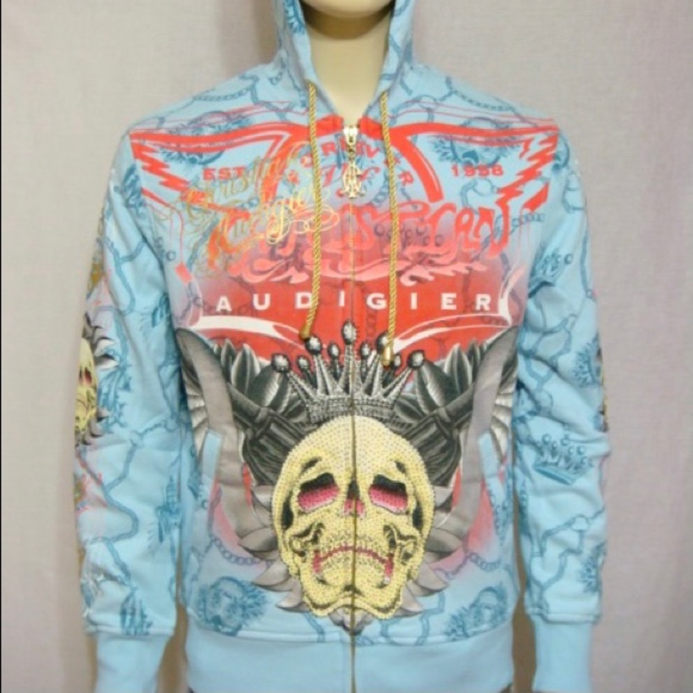 Christian Audigier Men Hoodie Blue Skull